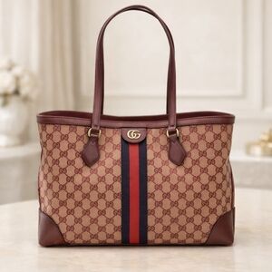 Brand New Gucci Ophidia GG Canvas Tote Bag – Beige/Brown Monogram – Red & Green
